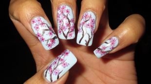 Дизайн ногтей акриловыми красками, сакура на ногтях